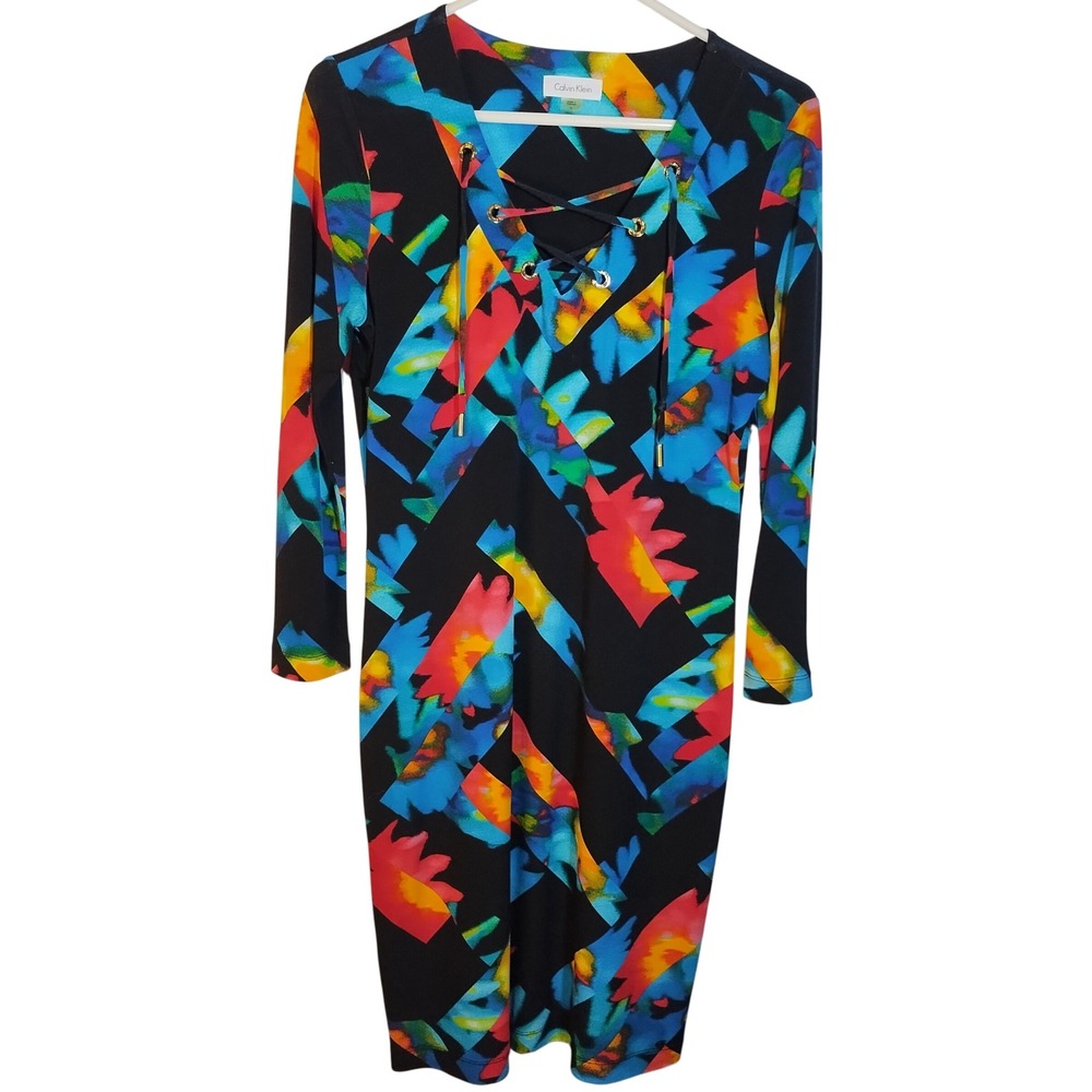 Calvin‎ Klein Multicolor Geometric Print Long Sleeve Dress Size 6 Vibrant Knee